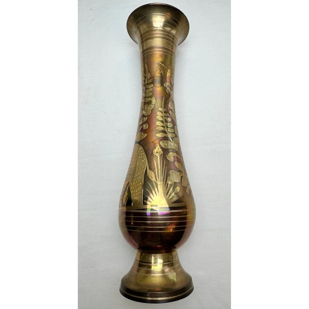 Vintage Etched Brass Elephant Vase Iridescent Patina 11